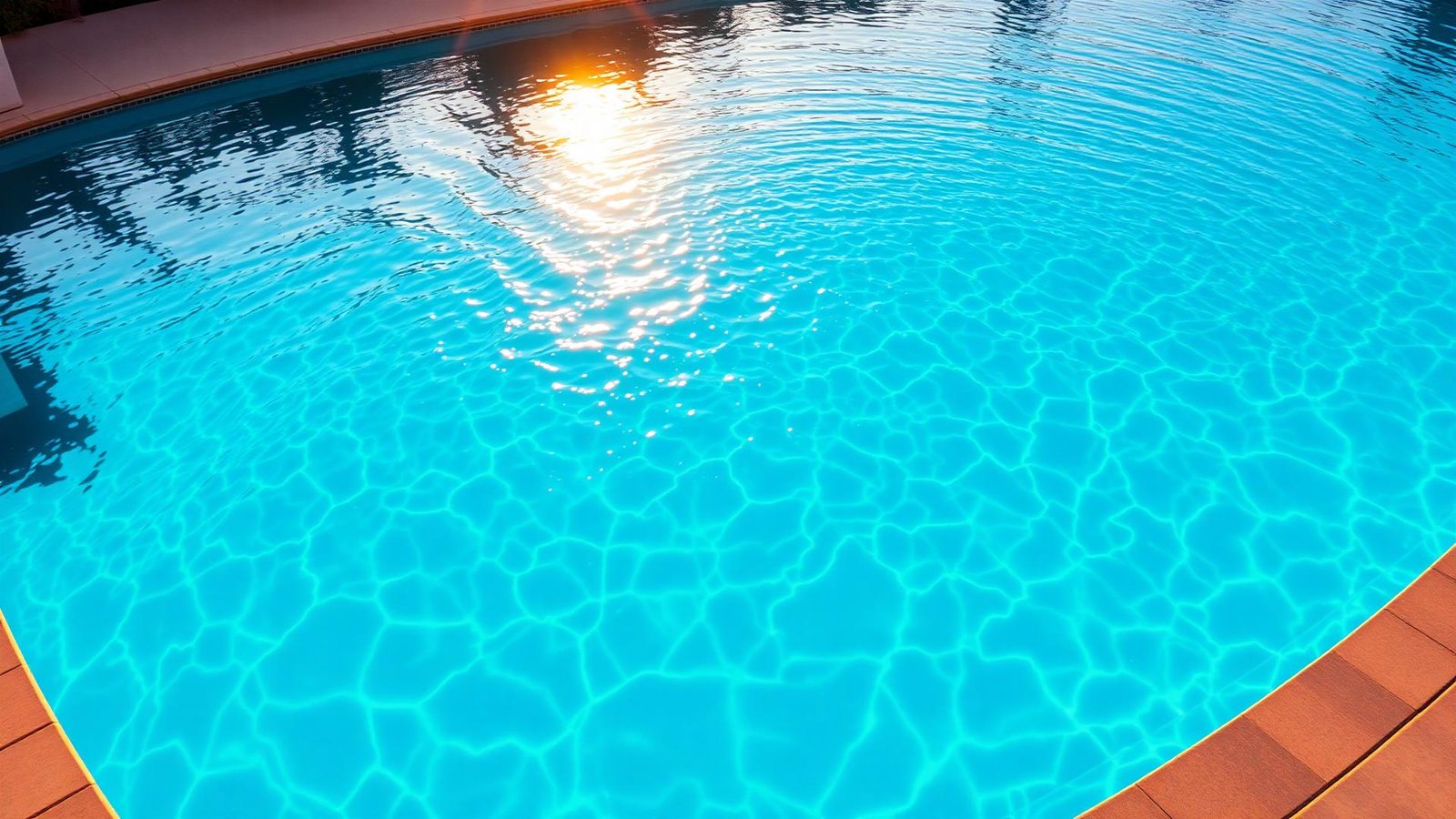 Piscina cristalina com água azul refletindo o sol