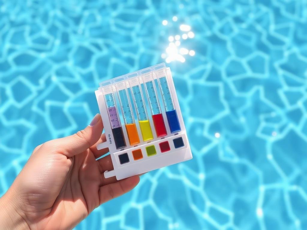 Kit de teste de água de piscina sendo utilizado sobre a água cristalina