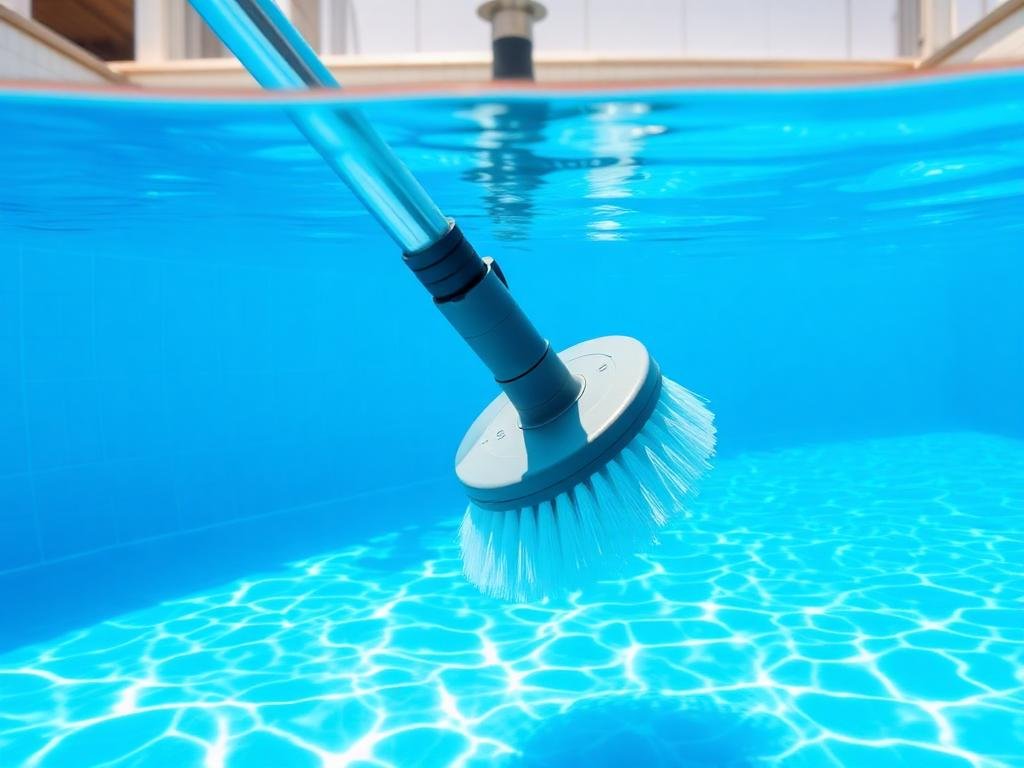 Escova de limpeza aspirando o fundo de uma piscina com água azul e limpa