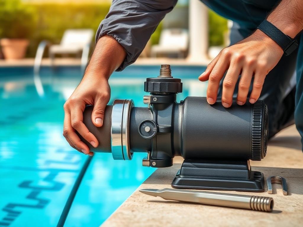 Técnico realizando manutenção na bomba e filtro de uma piscina residencial
